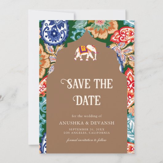 Indische volkskunst olifant beige bruiloft save the date (Voorkant)