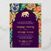 Indische volkskunst olifant bruiloft aubergine gou folie uitnodiging (Voorkant)