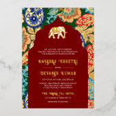Indische volkskunst olifant bruiloft donkerrood go folie uitnodiging (Voorkant)
