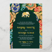 Indische volkskunst olifant bruiloft smaragdgroen  folie uitnodiging (Voorkant)