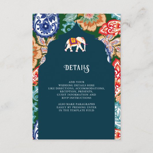 Indische volkskunst olifant donkerblauw bruiloft d informatiekaartje (Voorkant)