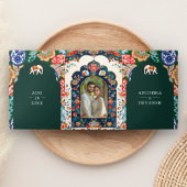 Indische volkskunst olifant smaragdgroene bruiloft drieluik uitnodiging