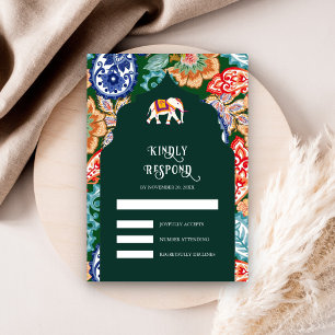 Indische volkskunst olifant smaragdgroene bruiloft RSVP kaartje