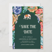 Indische volkskunst olifant smaragdgroene bruiloft save the date (Voorkant)
