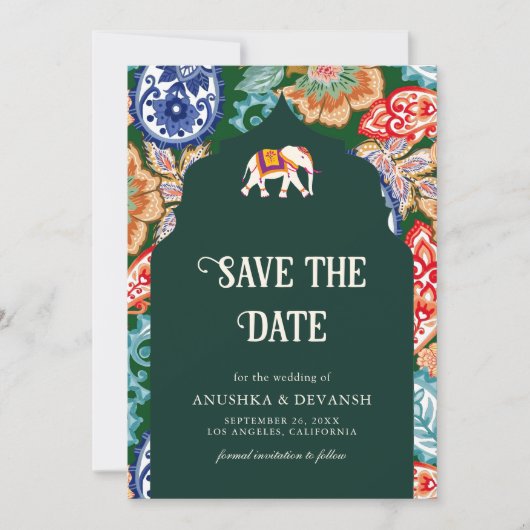 Indische volkskunst olifant smaragdgroene bruiloft save the date (Voorkant)