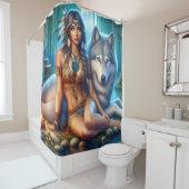 Indische vrouw en wolf bij de rivieroever douchegordijn (In situ)