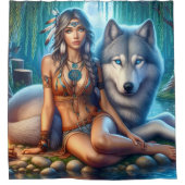 Indische vrouw en wolf bij de rivieroever douchegordijn (Voorkant)