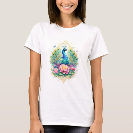 Indischer Frühling - Pfau mit Lotus & Gold T-shirt (Voorkant)