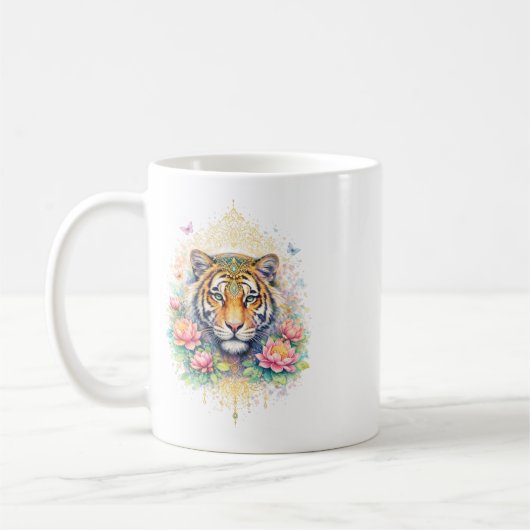 Indischer Frühling - Tiger mit Blumen Koffiemok (Links)