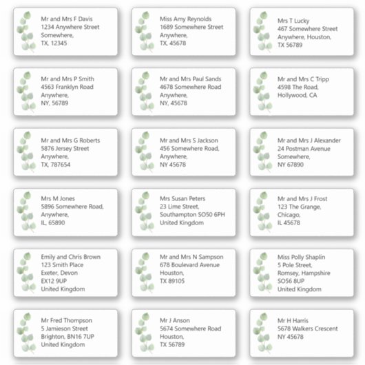 Individuele bruiloft Gast Naam Adres Eucalyptus Sticker (Voorkant)