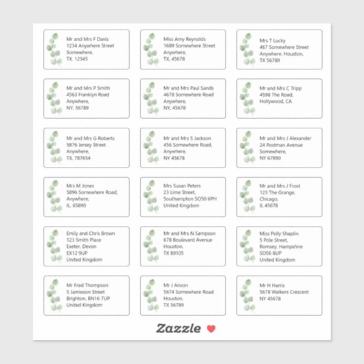 Individuele bruiloft Gast Naam Adres Eucalyptus Sticker (Vel)