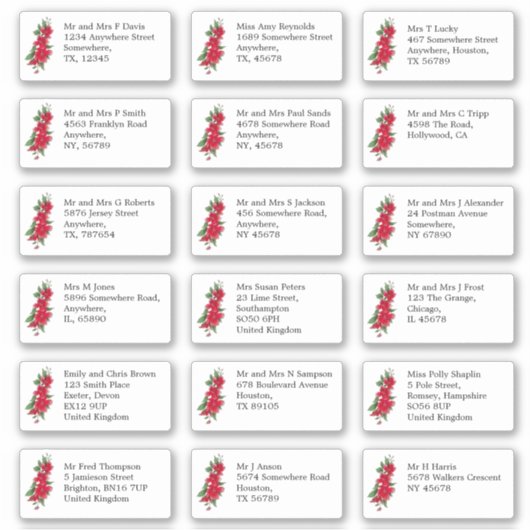 Individuele bruiloft gast naam adres rode rozen sticker (Voorkant)