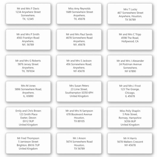 Individuele bruiloft gast naam adres sans stijl sticker (Voorkant)