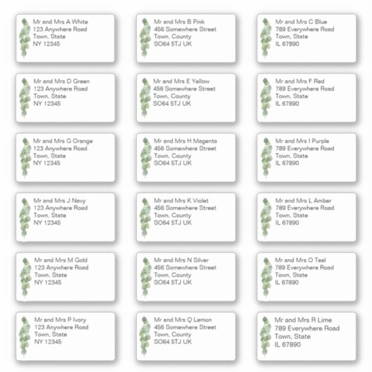 Individuele naam & adres Eucalyptus Bruiloft Sticker (Voorkant)