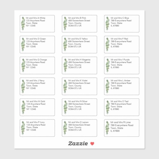 Individuele naam & adres Eucalyptus Bruiloft Sticker (Vel)