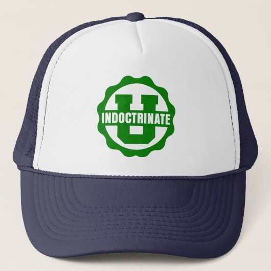 "Indoctrinaat U" Navy Blue en White Trucker Hat Trucker Pet (Voorkant)