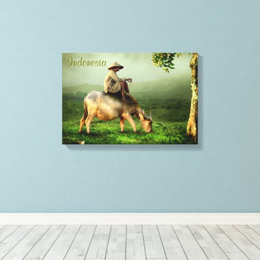 Indonesië Schilderachtig landschap met buffel en b Canvas Afdruk (Insitu (Houten vloer))