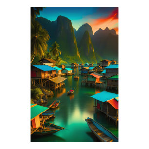 Indonesisch klein vissersdorp foto afdruk