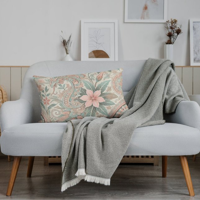 Indonesische Batik Bloempatroon Boho Roze Blauw Kussen (Creator heeft geüpload)