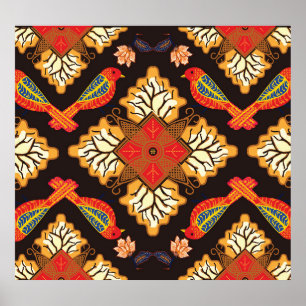 Indonesische batik: flora fauna motief. poster