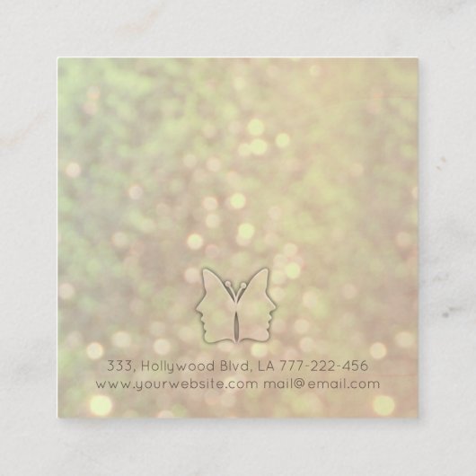 Indrukwekkende bokeh elegant meisje gezicht vlinde vierkante visitekaartje (Achterkant)