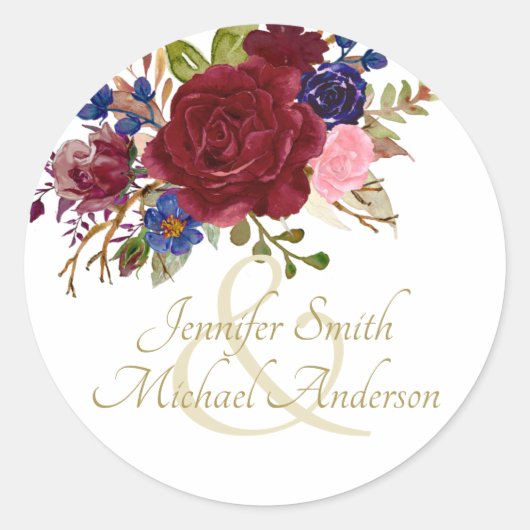 Indulgent Burgundy Royal Blue Pink Roses Wedding Ronde Sticker (Voorkant)
