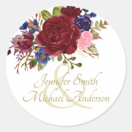 Indulgent Burgundy Royal Blue Pink Roses Wedding Ronde Sticker