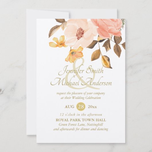 Indulgent Coral Gold Floral Bouquet Weddenschap (Voorkant)