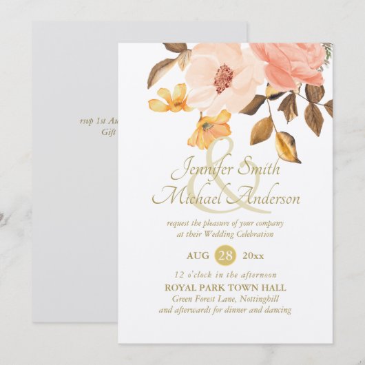 Indulgent Coral Gold Floral Bouquet Weddenschap (Voorkant / Achterkant)