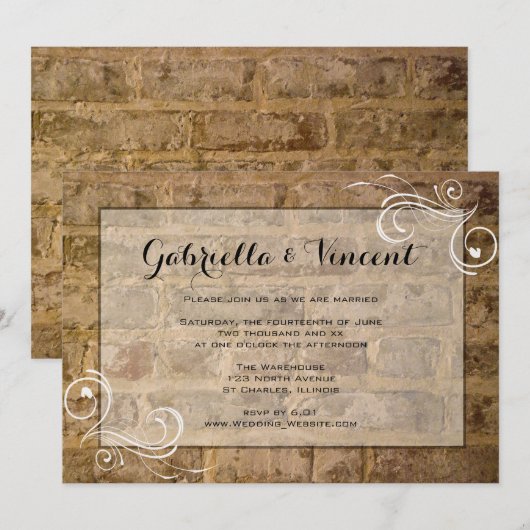 Industrial Chic Bricks with Swirls Wedding Kaart (Voorkant / Achterkant)