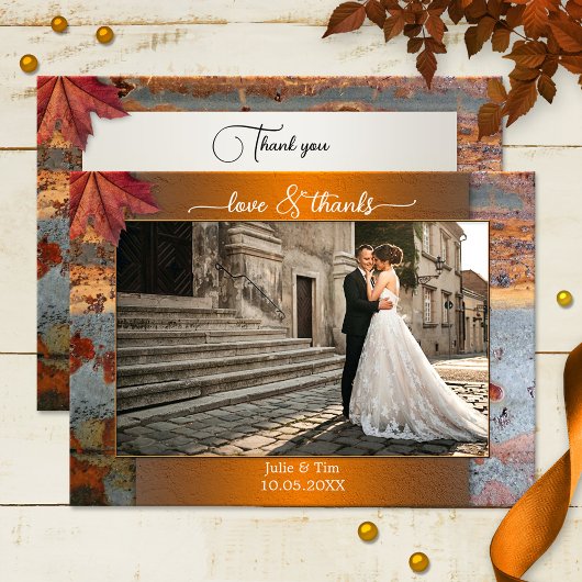 Industrial Fall Wedding Photo Love Bedankt Card