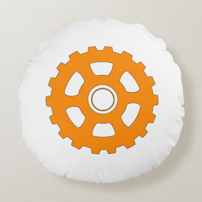 Industrial Orange Gear Cogwheel Rond Kussen (Voorkant)