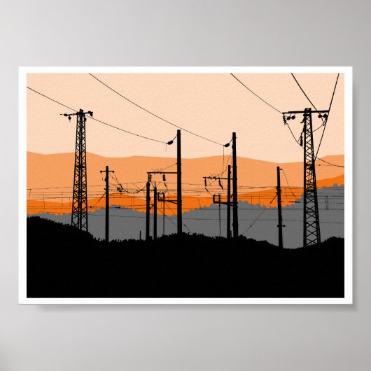  Industrial Sunset Silhouette Power Lines  Poster (Voorkant)