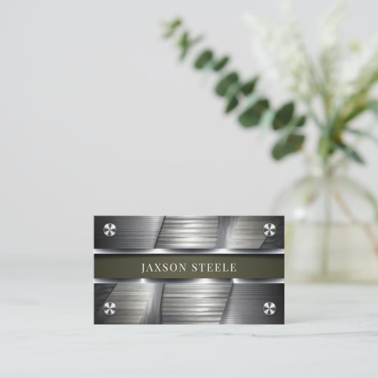 Industrieel geborsteld metaal en olijfgroen visitekaartje (Staand voorkant)