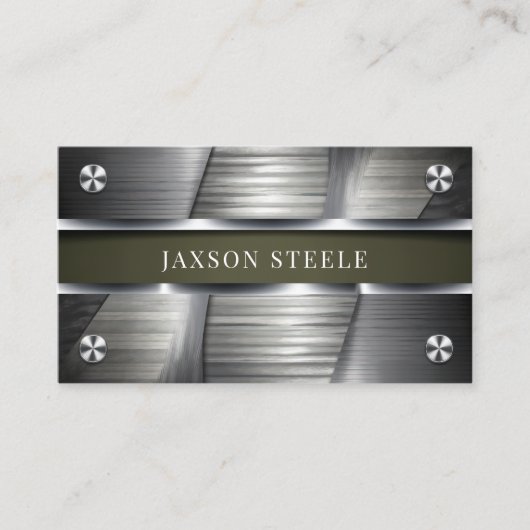 Industrieel geborsteld metaal en olijfgroen visitekaartje (Voorkant)