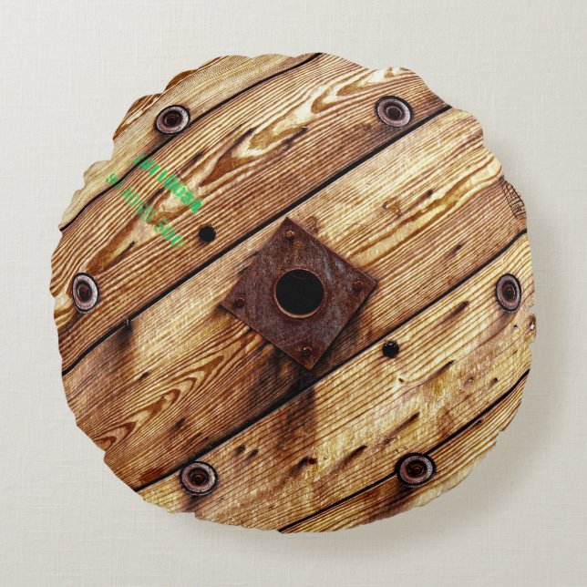 Industrieel hout Rustige Wooden Wire Spool Rond Kussen (Voorkant)