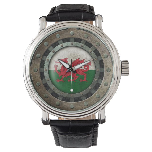 Industrieel staal Welsh vlag Schijf Grafisch Horloge (Voorkant)