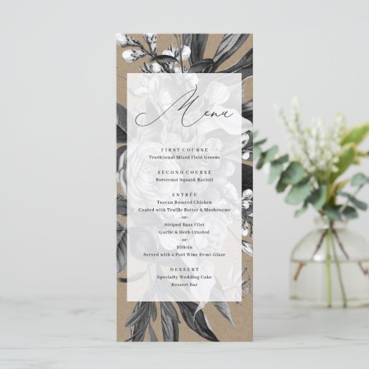 Industriële chique rustieke kraft bloemenbruiloft  menu (Staand voorkant)