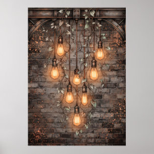 Industriële Edison-bollen Klimop Donkere Bakstenen Poster