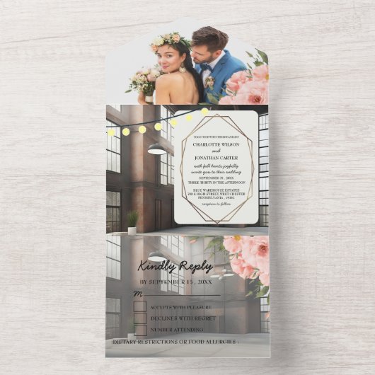 Industriële Elegantie Moderne Chique Bruiloft All In One Uitnodiging (Binnen)