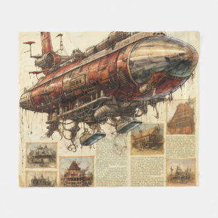 Industriële Fantasie Koperen Zeppelin Stadsplatteg Fleece Deken