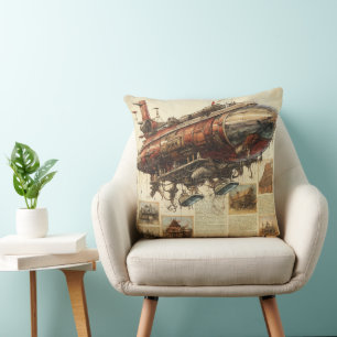 Industriële Fantasie Koperen Zeppelin Stadsplatteg Kussen