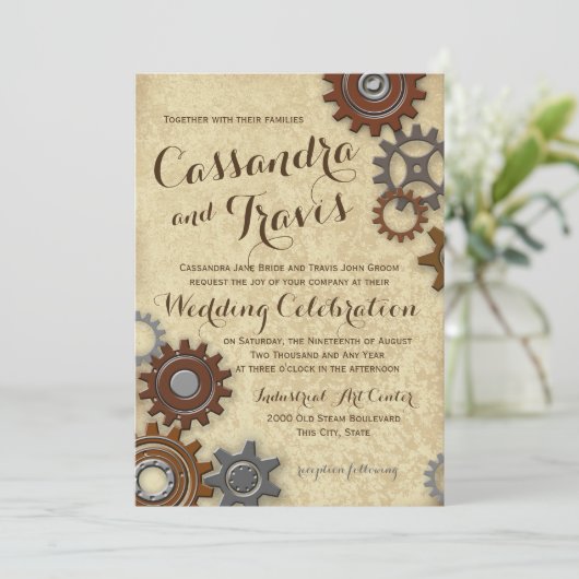 Industriële Gears Rustic Wedding Kaart (Staand voorkant)