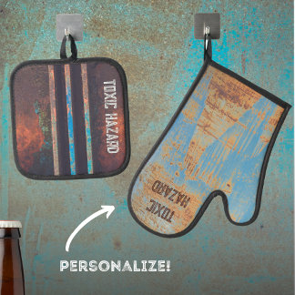 Industriële grunge bruin blauw geroest ovenwant & pannenlap set