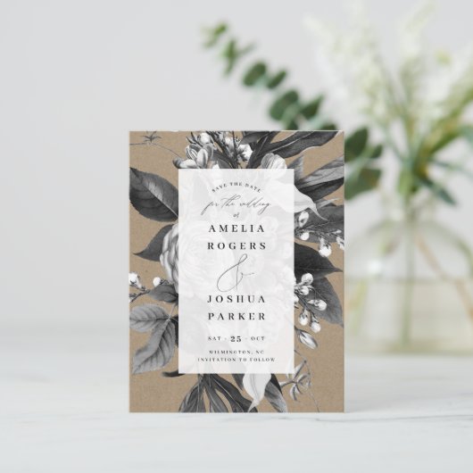 Industriële rustieke chique bloemen opslaan de dat aankondigingskaart (Staand voorkant)