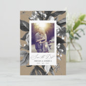 Industriële rustieke chique bloemenbruiloft foto K Save The Date (Staand voorkant)