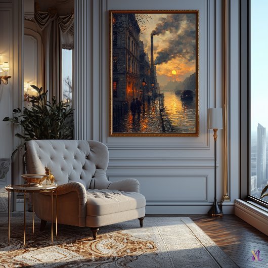 Industriële stadsgezicht bij zonsondergang Impress Poster