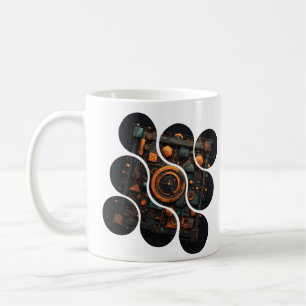 Industriële Steampunk Mozaïek: Oranje & Stalen Geo Koffiemok