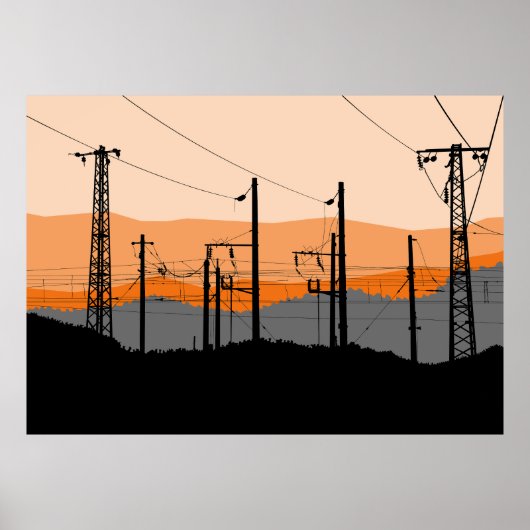 Industriële Sunset Silhouette Power Lines Poster (Voorkant)
