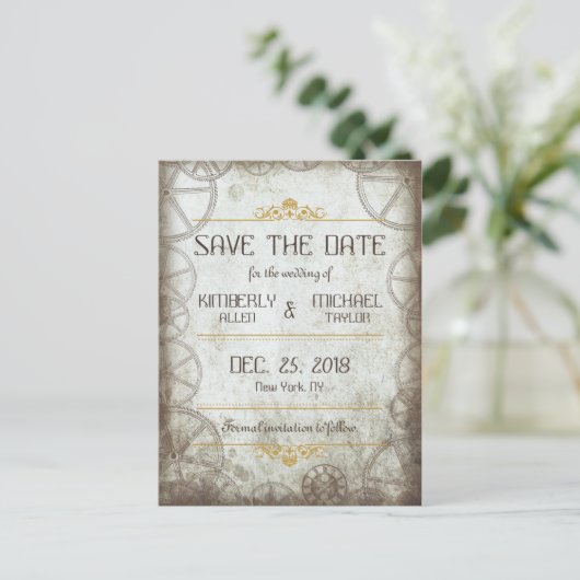 Industriële Vintage Steampunk Bruiloft Aankondigingskaart (Staand voorkant)